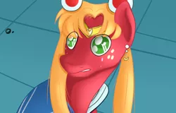 Size: 926x591 | Tagged: safe, artist:jbond, derpibooru import, big macintosh, earth pony, pony, clothes, colored pupils, cosplay, costume, crossdressing, ear piercing, freckles, male, meme, no pupils, piercing, ponified meme, sailor moon, sailor moon redraw meme, serena tsukino, solo, stallion, tsukino usagi