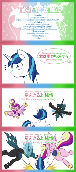 Size: 1280x2889 | Tagged: safe, artist:vavacung, derpibooru import, princess cadance, queen chrysalis, shining armor, alicorn, changeling, changeling queen, unicorn, comic, female, glomp, male