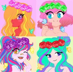 Size: 1920x1905 | Tagged: safe, artist:ocean-drop, derpibooru import, oc, oc:crystal clear, oc:pebble pie, oc:radience, oc:sweetie pie, unofficial characters only, butterfly, dracony, dragon, hybrid, pony, equestria girls, female, floral head wreath, flower, flower in hair, interspecies offspring, offspring, parent:big macintosh, parent:cheese sandwich, parent:marble pie, parent:pinkie pie, parent:princess cadance, parent:rarity, parent:shining armor, parent:spike, parents:cheesepie, parents:marblemac, parents:shiningcadance, parents:sparity, smiling