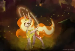 Size: 6262x4273 | Tagged: safe, artist:therealf1rebird, derpibooru import, daybreaker, alicorn, pony, alternate universe, armor, canterlot, female, fire, halo, horn, looking at you, mane, mane of fire, solo