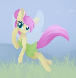 Size: 1437x1485 | Tagged: safe, artist:dusthiel, derpibooru import, fluttershy, fairy, pony, atg 2020, blush sticker, blushing, clothes, cosplay, costume, crossover, cute, digital art, ear fluff, fairy wings, female, flying, head turn, leg fluff, looking at you, newbie artist training grounds, outdoors, raised hoof, shyabetes, solo, tinkerbell, wings