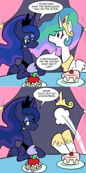 Size: 800x1602 | Tagged: safe, artist:pembroke, derpibooru import, princess celestia, princess luna, alicorn, pony, ask pun, 2 panel comic, apple, ask, bad pun, cake, comic, cute, duo, female, food, mare, pun, siblings, sisters