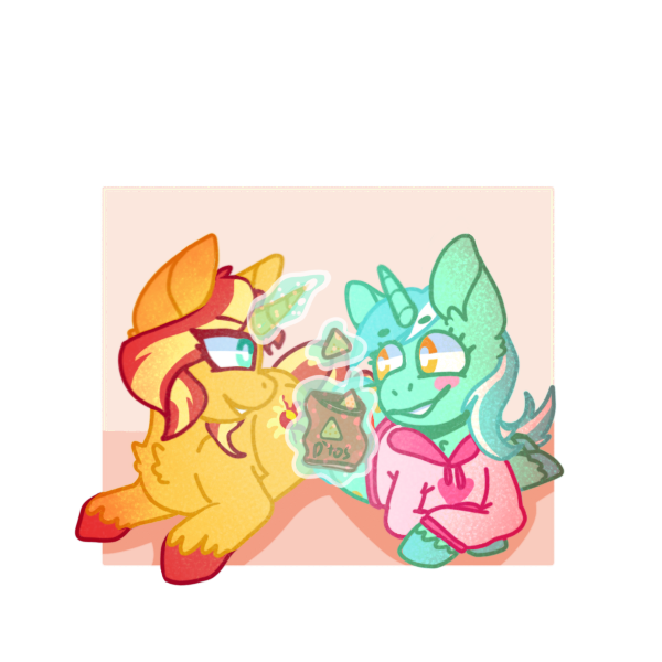 Size: 600x600 | Tagged: safe, artist:uwus, derpibooru import, lyra heartstrings, sunset shimmer, ponified, pony, unicorn, blushing, chatting, chest fluff, chips, clothes, cute, doritos, duo, eating, equestria girls ponified, female, fluffy, food, hoodie, horn, laying on ground, lesbian, levitation, lying down, lyrabetes, lyraset, magic, shimmerbetes, shipping, shipping fuel, simple background, sleepover, telekinesis, transparent background