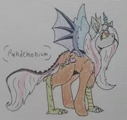 Size: 1941x1836 | Tagged: antlers, artist:uwus, bat wings, derpibooru import, draconequus, fluffy, hybrid, interspecies offspring, mismatched wings, next generation, oc, offspring, parent:discord, parent:fluttershy, parents:discoshy, pegasus, safe, solo, talons, traditional art, wings