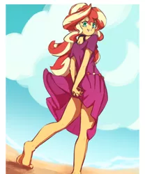 Size: 1500x1800 | Tagged: safe, artist:rockset, derpibooru import, sunset shimmer, equestria girls, barefoot, beach, clothes, dress, feet, heel pop