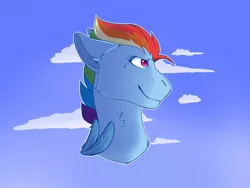 Size: 1024x768 | Tagged: safe, artist:linky, derpibooru import, rainbow dash, pegasus, pony, big ears, bust, cloud, feather, female, g5, large ears, mare, rainbow dash (g5), redesign, sky, solo