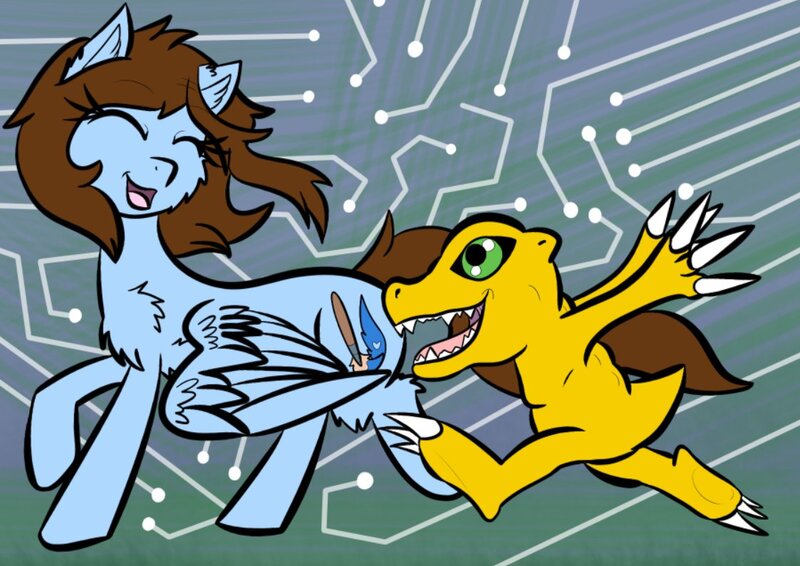 Size: 1123x795 | Tagged: agumon, artist:shinycyan, colored, derpibooru import, digimon, digital art, flat colors, green eyes, happy, naruto run, oc, oc:shinycyan, pegasus, running, safe