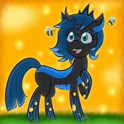 Size: 2000x2000 | Tagged: artist:shinycyan, bee, blue changeling, changeling, changeling queen, changeling queen oc, commission, derpibooru import, female, grass, grass field, happy, insect, oc, oc:sinari, safe, solo, sunset