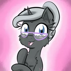 Size: 2000x2000 | Tagged: safe, artist:shinycyan, derpibooru import, oc, unicorn, blue eyes, bust, commission, glasses, grey hair, grey pony, pink background, portrait, simple background, solo