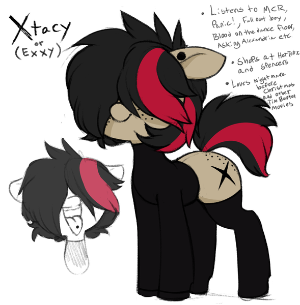 Size: 1401x1426 | Tagged: safe, artist:whydomenhavenipples, derpibooru import, oc, oc:exxy, oc:xtacy, unofficial characters only, butt freckles, clothes, ear piercing, female, floppy ears, freckles, goth, hot topic, mane over eyes, open mouth, piercing, simple background, socks, tongue out, tongue piercing, white background