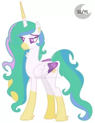 Size: 1024x1326 | Tagged: safe, artist:princesslunayay, derpibooru import, princess celestia, alicorn, pony, base used, chest fluff, coat markings, colored muzzle, colored wings, cute, cutelestia, deviantart, deviantart watermark, female, hoof fluff, logo, mare, multicolored mane, multicolored wings, obtrusive watermark, redesign, simple background, socks (coat marking), solo, starry eyes, watermark, white background, wingding eyes, wings