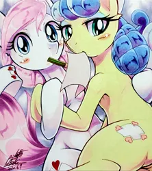 Size: 1817x2048 | Tagged: safe, artist:025aki, derpibooru import, nurse coldheart, nurse redheart, nurse snowheart, earth pony, pony, blushing, female, lesbian, looking at you, mare, paper, pencil, shipping, traditional art