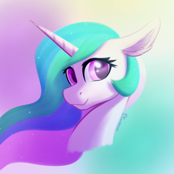 Size: 1000x1000 | Tagged: safe, artist:silshadnic, deleted from derpibooru, derpibooru import, princess celestia, alicorn, pony, bust, ear fluff, female, gradient background, looking at you, mare, portrait, smiling, solo, three quarter view
