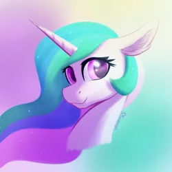 Size: 1000x1000 | Tagged: safe, artist:silshadnic, deleted from derpibooru, derpibooru import, princess celestia, alicorn, pony, bust, ear fluff, female, gradient background, looking at you, mare, portrait, smiling, solo, three quarter view