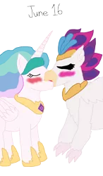 Size: 1118x1920 | Tagged: safe, artist:horroraceman93, derpibooru import, princess celestia, queen novo, alicorn, hippogriff, my little pony: the movie, blushing, eyes closed, female, french kiss, kissing, lesbian, novolestia, shipping, simple background, tongue out, transparent background