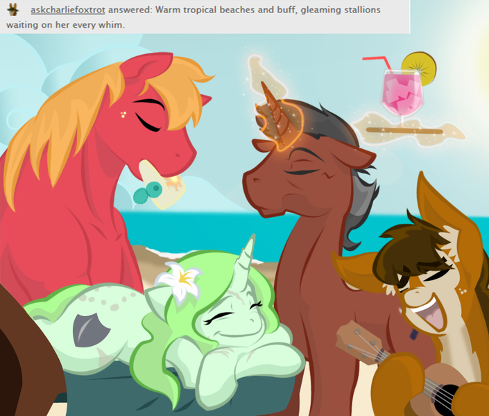 Size: 900x766 | Tagged: safe, artist:askmerriweatherauthor, derpibooru import, big macintosh, oc, oc:charlie foxtrot, oc:merriweather, oc:techno, pony, unicorn, ask merriweather, female, magic, male, mare, scar, stallion, ukelele