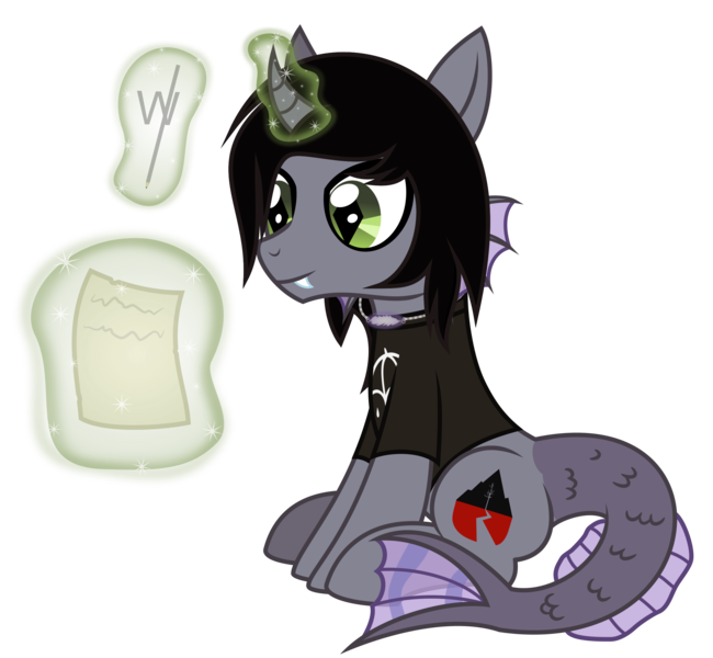 Size: 2600x2400 | Tagged: safe, artist:devfield, derpibooru import, ponified, ponified:kellin quinn, half-siren, hybrid, pony, clothes, curved horn, fangs, fins, fish tail, horn, jewelry, levitation, magic, magic aura, male, necklace, paper, pencil, scales, simple background, sitting, sleeping with sirens, slit eyes, smiling, solo, stallion, telekinesis, transparent background, writing