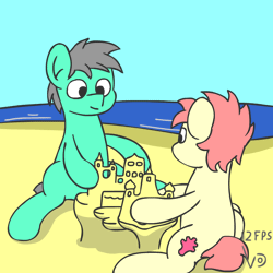 Size: 800x800 | Tagged: safe, artist:vohd, derpibooru import, oc, unofficial characters only, earth pony, pony, animated, beach, canterlot, coral, frame by frame, male, ocean, perfect loop, sandcastle, talking