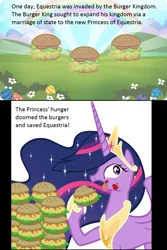 Size: 952x1428 | Tagged: safe, artist:atariboy2600, artist:sir-teutonic-knight, derpibooru import, edit, princess twilight 2.0, twilight sparkle, twilight sparkle (alicorn), alicorn, pony, the last problem, burger, cloud, eating, flower, food, gameloft, hay burger, herbivore, outdoors, rainbow, resource, that pony sure does love burgers, this will end in colic, twilight burgkle
