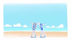 Size: 1554x885 | Tagged: safe, artist:5mmumm5, derpibooru import, sci-twi, sunset shimmer, twilight sparkle, equestria girls, beach, clothes, cloud, female, lesbian, ocean, scitwishimmer, shipping, sky, summer sunset, sunsetsparkle, swimsuit