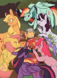 Size: 2400x3300 | Tagged: safe, artist:beyhr, artist:dogthriftstore, derpibooru import, applejack, fluttershy, pinkie pie, rainbow dash, rarity, spike, twilight sparkle, twilight sparkle (alicorn), alicorn, dragon, earth pony, pegasus, pony, unicorn, apple, basket, beanbrows, chest fluff, chips, cider, cloven hooves, colored hooves, dessert, drink, ear fluff, eyebrows, food, fruit, image, jpeg, juice, mane six, muffin, outdoors, picnic, picnic basket, pie, potato chips, signature, unshorn fetlocks, wing fluff, winged spike