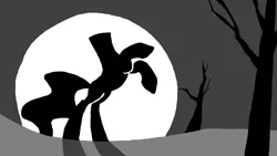 Size: 1920x1080 | Tagged: safe, artist:nopony, derpibooru import, the headless horse (character), headless horse, pony, sleepless in ponyville, 4 color palette, atg 2020, full moon, grayscale, headless, limited palette, minimalist, modern art, monochrome, moon, newbie artist training grounds, rearing, scene interpretation, silhouette, solo, tree