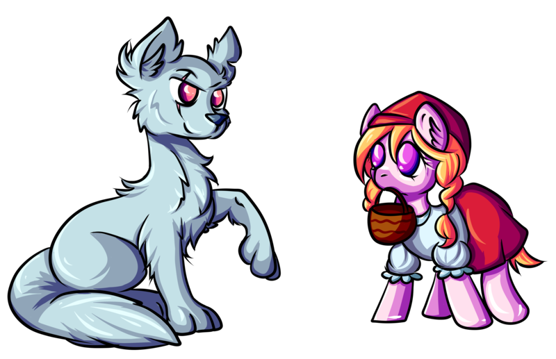 Size: 5187x3349 | Tagged: safe, artist:coco-drillo, derpibooru import, ponified, earth pony, pony, wolf, basket, braid, cell shaded, chest fluff, clothes, ear fluff, hat, little red riding hood, natg2020, newbie artist training grounds, paws, scar, simple background, skirt, transparent background