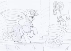 Size: 1024x739 | Tagged: safe, artist:xeviousgreenii, derpibooru import, grogar, gusty, gusty the great, pony, sheep, unicorn, female, hurricane, male, mare, monochrome, newbie artist training grounds, ram