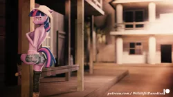 Size: 1280x720 | Tagged: suggestive, artist:willitfit, derpibooru import, twilight sparkle, anthro, unicorn, 3d, boots, breasts, clothes, covering, covering breasts, cowboy hat, cowgirl, cowgirl outfit, denim shorts, female, hat, jeans, lidded eyes, lip bite, looking at you, looking back, looking back at you, looking over shoulder, mare, panties, pants, partial nudity, sfm pony, shoes, shorts, solo, solo female, source filmmaker, thong, topless, underwear, western, whale tail