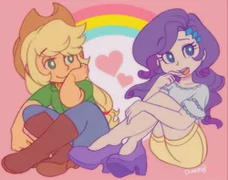 Size: 1001x788 | Tagged: safe, artist:doekis, derpibooru import, applejack, rarity, equestria girls, boots, clothes, cowboy boots, cowboy hat, female, hat, heart, lesbian, no pupils, rainbow, rarijack, shipping, shoes