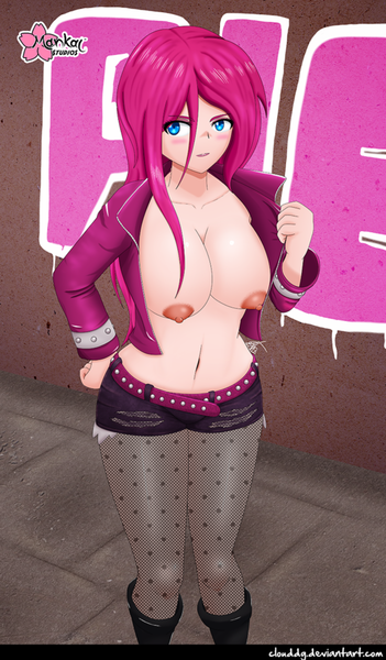 Size: 688x1175 | Tagged: questionable, alternate version, artist:clouddg, derpibooru import, pinkie pie, human, equestria girls, areola, belly button, belt, big areola, big breasts, blushing, boots, breasts, busty pinkie pie, clothes, fishnets, human coloration, jacket, leather, leather jacket, leather straps, legs, looking at you, nipples, nudity, open clothes, open mouth, partial nudity, pinkamena diane pie, shoes, shorts, thighs, topless