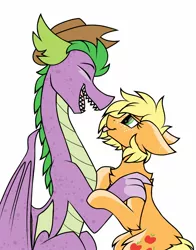 Size: 1100x1400 | Tagged: safe, artist:pegacousin, derpibooru import, applejack, spike, dragon, earth pony, pony, :p, accessory swap, applejack's hat, applespike, chest fluff, cowboy hat, cute, female, hat, male, older, older spike, sharp teeth, shipping, simple background, straight, teeth, tongue out, white background