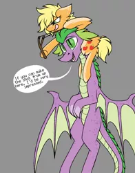 Size: 1100x1400 | Tagged: safe, artist:pegacousin, derpibooru import, applejack, spike, dragon, earth pony, pony, applespike, dialogue, ear fluff, female, gray background, hoof hold, leg fluff, male, missing accessory, older, older spike, ponies riding dragons, riding, sharp teeth, shipping, simple background, slingshot, speech bubble, straight, teeth