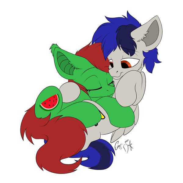 Size: 1800x1800 | Tagged: safe, artist:emilywulfstudios, derpibooru import, oc, oc:sereno moon, oc:watermelon frenzy, pegasus, pony, vampire, vampire bat pony, vampony, cuddling, cute, sleeping, snuggling