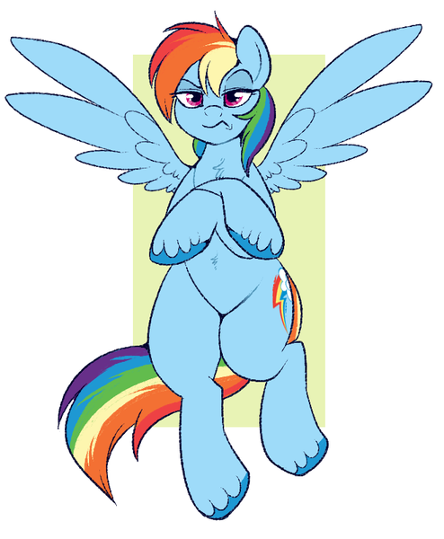 Size: 658x800 | Tagged: safe, artist:lulubell, derpibooru import, rainbow dash, pegasus, pony, abstract background, annoyed, chest fluff, crossed hooves, female, mare, rainbow dash is not amused, solo, unamused, unshorn fetlocks