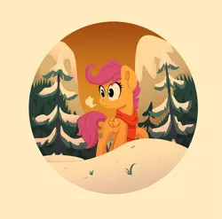 Size: 2738x2701 | Tagged: artist:jimmyjamno1, circle, clothes, derpibooru import, female, filly, forest, mountain, pegasus, pine tree, safe, scarf, scootaloo, snow, solo, tree