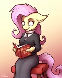 Size: 1600x2000 | Tagged: safe, artist:ohemo, derpibooru import, fluttershy, anthro, bat pony, atg 2020, bat ponified, book, fangs, flutterbat, fluttergoth, newbie artist training grounds, open mouth, race swap, reading, scared, shaking, sitting, solo, sweat, sweating profusely