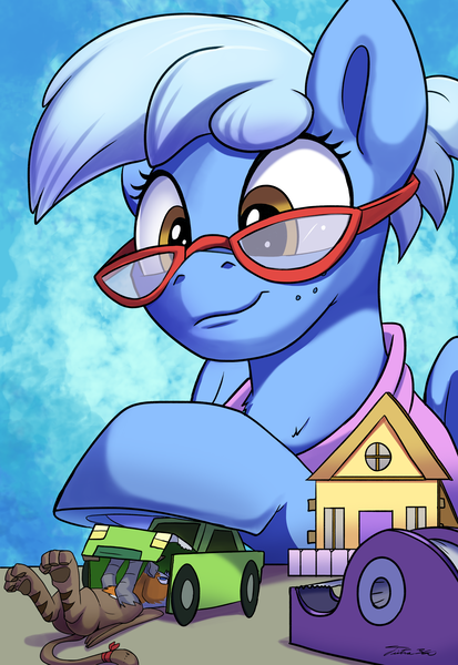 Size: 3461x5030 | Tagged: safe, artist:tsitra360, derpibooru import, oc, oc:ivory drop, oc:thumbtack, gryphon, pegasus, pony, cardboard, cute, diorama, freckles, glasses, helping hoof, micro, tape, underhoof