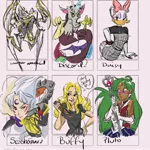 Size: 1080x1080 | Tagged: anthro, artist:kendallrobinson, bedroom eyes, bird, bow, buffy the vampire slayer, clothes, crossover, dark skin, demon, derpibooru import, discord, draconequus, duck, female, hair bow, inuyasha, knife, male, safe, sailor moon, sailor pluto, sesshoumaru, six fanarts, spider, starship troopers