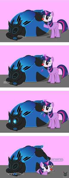 Size: 1966x5078 | Tagged: safe, artist:wheatley r.h., derpibooru import, oc, oc:twi clown, oc:w. rhinestone eyes, unofficial characters only, changeling, unicorn, 4 panel comic, angry, bat wings, belly, belly bed, big belly, blue changeling, changeling oc, changeling overfeeding, clown makeup, comic, honeypot changeling, horn, huge belly, impossibly large belly, magic, needle, pink background, shocked eyes, simple background, sleeping, speech bubble, squashed, telekinesis, touching, unicorn oc, vector, watermark, wings