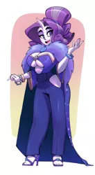 Size: 544x990 | Tagged: artist:bigdad, belly button, blushing, breasts, busty rarity, cleavage, clothes, coat, derpibooru import, high heels, horn, horned humanization, human, humanized, looking at you, mantle, older, older rarity, open mouth, open-toed shoes, rarity, shoes, skunk stripe, suggestive, the last problem, toes