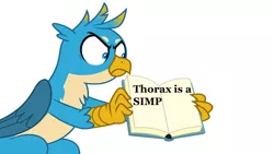 Size: 1280x720 | Tagged: safe, derpibooru import, edit, gallus, gryphon, book, exploitable meme, gallus' book, gallus is not amused, implied thorax, male, meme, simp, simple background, solo, text, unamused, white background