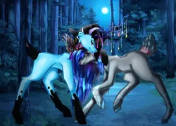 Size: 782x563 | Tagged: safe, artist:youmisama13, derpibooru import, oc, unofficial characters only, deer, deer pony, original species, pony, antlers, duo, forest, full moon, moon, night, outdoors, raised hoof, tree, unshorn fetlocks