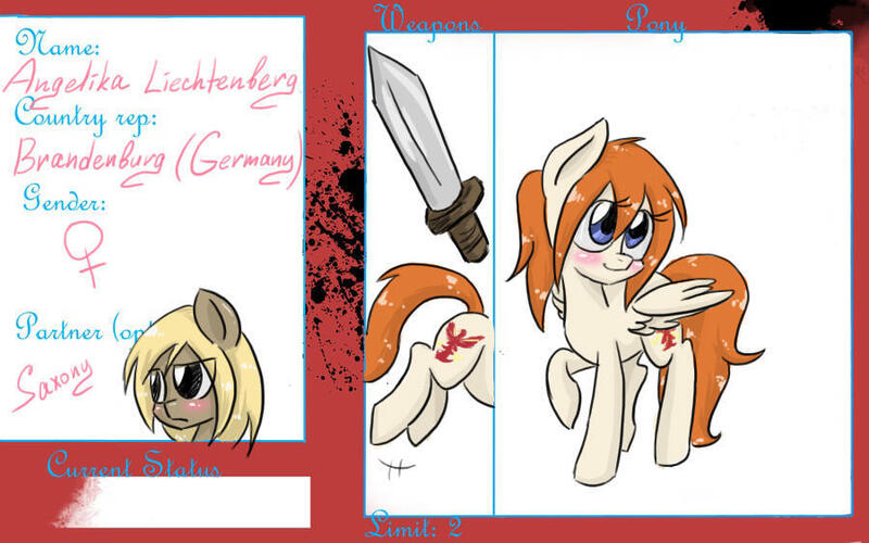 Size: 900x563 | Tagged: safe, artist:askponybrandenburg, derpibooru import, ponified, pegasus, pony, blushing, brandenburg, bust, female, hetalia, mare, raised hoof, reference sheet, sword, weapon