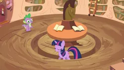 Size: 2000x1125 | Tagged: safe, derpibooru import, screencap, spike, twilight sparkle, dragon, pony, unicorn, it's about time, duo, female, golden oaks library, horsehead centerpiece, male, mare, pacing a trench, trench, unicorn twilight