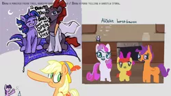 Size: 1920x1080 | Tagged: safe, artist:ponyhell, derpibooru import, apple bloom, applejack, scootaloo, sweetie belle, tempest shadow, twilight sparkle, pony, aladdin, atg 2020, bottle flip, crossover, fairy tale, magic carpet, newbie artist training grounds, pinocchio, the absolute madman