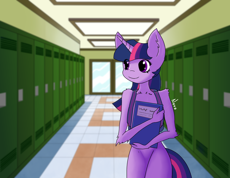 Size: 3300x2550 | Tagged: anthro, artist:radioactive nero, backpack, book, derpibooru import, featureless crotch, fluffy, highschool, lockers, safe, smiling, twilight sparkle