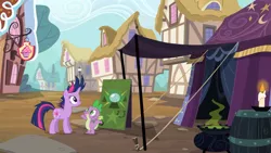 Size: 2000x1125 | Tagged: safe, derpibooru import, screencap, spike, twilight sparkle, dragon, pony, unicorn, it's about time, alternate hairstyle, candle, cauldron, duo, female, mare, ponyville, spread arms, tent, unicorn twilight