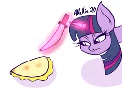 Size: 800x600 | Tagged: safe, artist:melliedraws, derpibooru import, twilight sparkle, twilight sparkle (alicorn), alicorn, pony, food, glowing horn, horn, knife, magic, magic aura, newbie artist training grounds, quesadilla, solo, they're just so cheesy