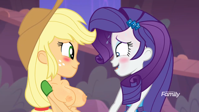 Size: 1366x768 | Tagged: questionable, alternate version, derpibooru import, edit, edited screencap, editor:usuarioregular2600, screencap, applejack, rarity, equestria girls, equestria girls series, rollercoaster of friendship, big breasts, blushing, boob freckles, breast edit, breasts, busty applejack, chest freckles, clothes, couple, discovery family logo, female, freckles, lesbian, nipples, nudity, partial nudity, rarijack, shipping, sweat, topless